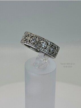 Tacori 925 Sterling Silver CZ Floral Filigree Band Ring Size 8 Designer Wedding